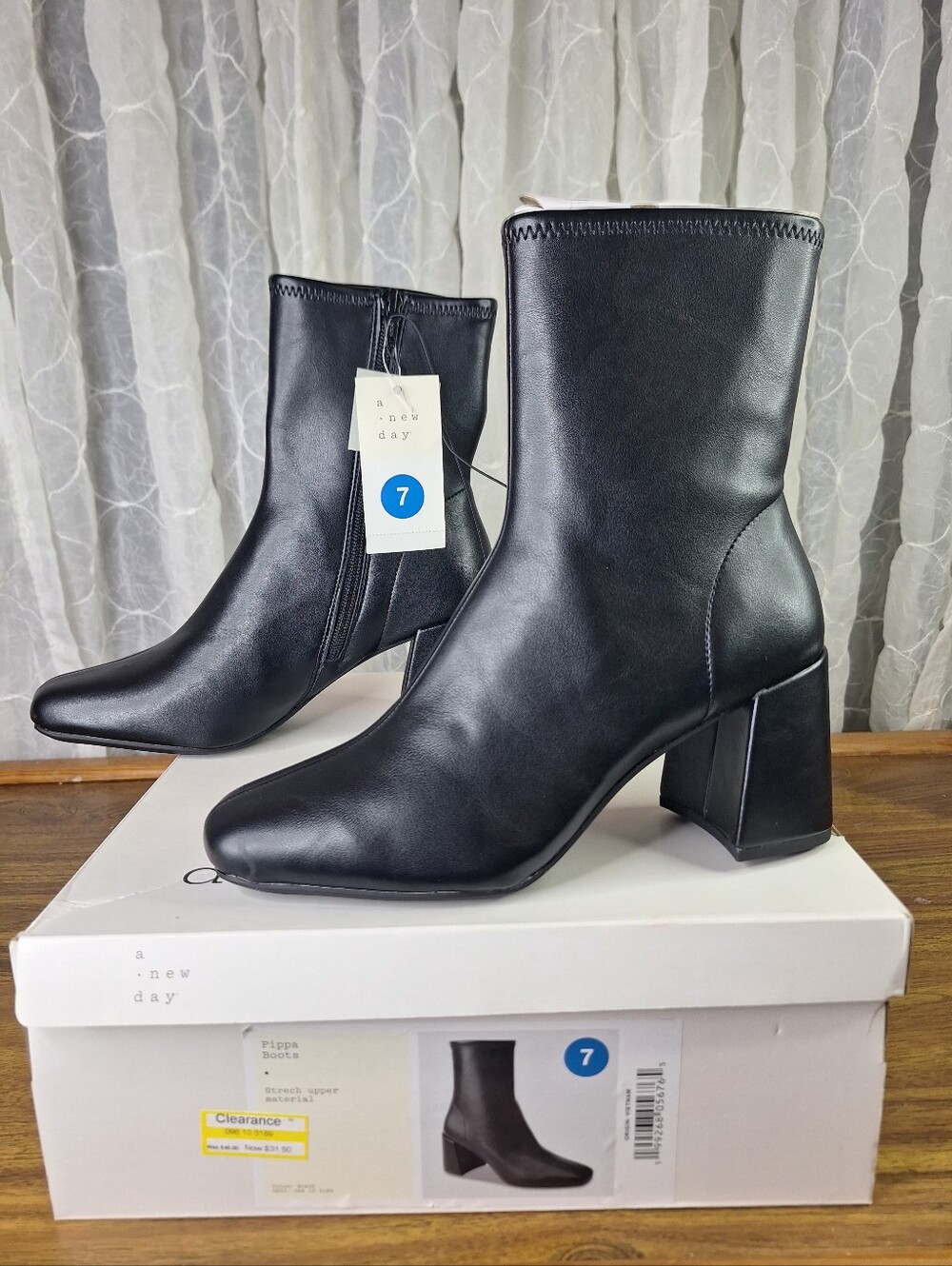 A New Day Pippa Square Toe Black Stretch Ankle Boots Heel Size 7 Women's